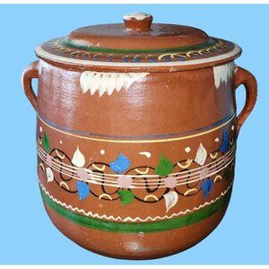 Vintage Hand-Painted Terra Cotta Crock Bowl Container With Lid & Handles Redware